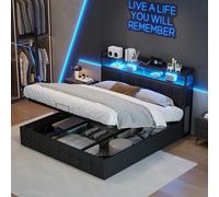 PRTECY Lit Coffre 160 x 200 avec Espace de Rangement et LED Double avec à Lattes Lit 2 Personnes avec Fonction de Chargement USB Lits rembourré (sans Matelas)