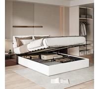 PRTECY Lit coffre 160x200 cm avec rangement hydraulique, Lit double avec LED et USB Lit coffre avec sommier à lattes (sans matelas)(Blanc lait, 160 x 200 cm)