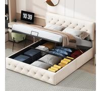 PRTECY lit Coffre 160x200 cm avec tête réglable en Hauteur lit Double avec tête de lit réglable en Hauteur Lit capitonné avec Rangement Hydraulique,Velours(sans Matelas) (Beige, 160 x 200 cm)