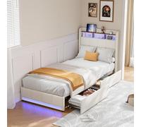 PRTECY Lit Coffre 90x200 avec éclairage LED et USB Lit Simple Rembourré avec 2 Tiroirs et Tete de lit de Rangement Lit 1 Personne avec Sommier à Lattes(sans Matelas) (Beige C, 90 x 200 cm)