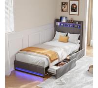 PRTECY Lit Coffre 90x200 avec éclairage LED et USB Lit Simple Rembourré avec 2 Tiroirs et Tete de lit de Rangement Lit 1 Personne avec Sommier à Lattes(sans Matelas)(Gris, 90 x 200 cm)
