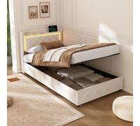 PRTECY Lit Coffre 90x200 avec éclairage LED et USB Lit Simple Rembourré avec avec Rangement Hydraulique Lit 1 Personne avec Sommier à Lattes(sans Matelas)(Beige E, 90 x 200 cm)