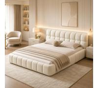 PRTECY Lit double rembourré, 140 x 190 cm, avec sommier à lattes et dossier doux, lit d'appoint, pour chambre à coucher et chambre d'amis (sans matelas), beige, 140 x 190 cm