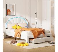 PRTECY Lit Enfant Rembourré 140x200 cm avec 2 Tiroirs Lit Princesse Enfant avec avec Éclairage LED lit Double en Velours Fille pour Enfants & Adultes (sans Matelas)(Blanc C, 140 x 200 cm)