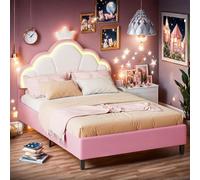 PRTECY Lit Enfant Rembourré 140x200 cm Lit de Princesse en Forme de Couronne avec LED lit Double capitonné avec sommier à Lattes et tête de Lits réglable Lits Rose(sans Matelas)(Rose D, 140 x 200 cm)