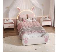 PRTECY Lit Enfant Rembourré 90x200 cm Lit Simple LED pour Fille avec Tête de lit en Forme de Lapin Lits 1 Personnes avec Sommier à Lattes pour Fille Adolescent(sans Matelas)