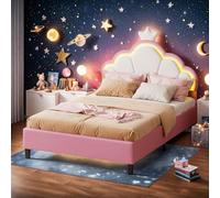 PRTECY Lit pour Enfant rembourré 90 x 200 cm Lit Princesse en Forme de Couronne avec LED Lit Simple avec tête de Lits réglable et sommier à Lattes Lit Rose(sans Matelas)(Rose D, 90 x 200 cm)