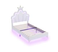 PRTECY Lit Rembourré 140 x 190 cm lit Princesse en Forme de Couronne avec sommier à Lattes et éclairage LED Lits Enfant Fille avec Tête de lit réglable(sans Matelas) (Blanc A, 140 x 190 cm)