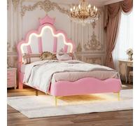 PRTECY Lit Rembourré 90 x 200 cm lit Princesse en Forme de Couronne avec sommier à Lattes et éclairage LED Lits Enfant Fille avec Tête de lit réglable(sans Matelas) (Rose, 90 x 200 cm)