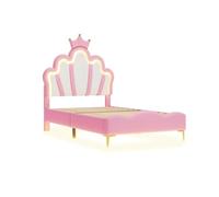PRTECY Lit Rembourré140 x 190cm lit Princesse en Forme de Couronne avec sommier à Lattes et éclairage LED Lits Enfant Fille avec Tête de lit réglable(sans Matelas) (Rose A, 140 x 190 cm)
