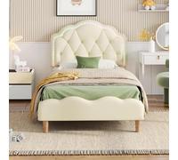 PRTECY Lit Simple Rembourré 90x200 cm, Lit Enfant Fille Tête de Lit en Forme de Vague Lits 1 Personnes avec LED lit Capitonné avec Sommier à Lattes (sans Matelas) (Beige(PU), 90 x 200 cm)