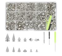 Prterver Piques en Métal pour, Kit de 600 Pièces de Clous et Pointes Punk, 8 Tailles de Pointes Coniques et de Clous en Pyramide Carrée pour Vêtements.