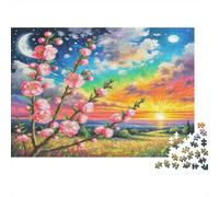 Prunier épineux Papier Fleurs Roses avec Coucher de Soleil sur la rivière Kit Puzzle Cadeau Secret de Noël Stimulant Mental 70x50cm/1000 pièces