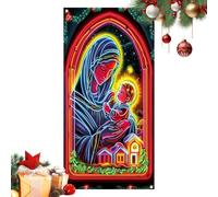 Pruojhw Décoration de porte de Noël - 89 x 180 cm - Grand revêtement de fond fluorescent festif - Bannière de fond à suspendre - Pour l'intérieur et l'extérieur - Pour fête d'hiver, ferme, Nouvel An