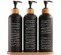 Prus Waso Distributeur de shampooing et d'après-shampoing, Contient Un Distributeur de shampooing et de Gel Douche avec Pompes en Bambou et Plateau, Parfait pour Les Essentiels de Salle de Bain pour