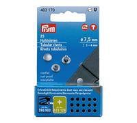 Prym 403170 Lot de 25 rivets creux, diamètre 7,5/3-4 mm, laiton argenté, pour outil créatif Vario
