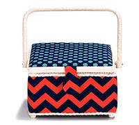 Prym Chevron et Motif à Pois Géométrie Panier à Couture avec Bordure Ivoire, Polyester, Bleu Marine/Rouge/Turquoise, Taille M