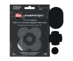 Prym FabPatch 921025 Kit de réparation autocollant, noir, 3 pièces, avec extrême, stretch et mérinos, pour vêtements d'extérieur, vêtements de sport, textiles en laine, sans couture ni repassage