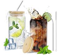 PRZRAO 2 Pièces Verre avec Couvercle et Paille, 550ml Verres à Café Glacé avec 2 Couvercles en Bambou et Paille Verres à Cocktail à Boire avec Couvercle pour Soda, Whisky, Smoothie, Beer, Thé