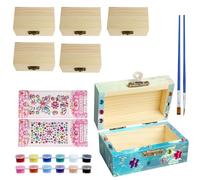 PRZRAO 6 Pièces Boite en Bois 9 x 5, 5 x 5 cm Petite Boîte en Bois avec Couvercle Petit Coffre au Trésor avec 2 Autocollants et 12 Couleurs Kit Boite Bois pour Bricolage Fête Pirate Anniversaire DIY