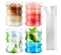 PRZRAO Lot de 4 Verres à Bulles en Verre en Forme de Vague, 350ml Verre à Cocktail avec 4 Pailles en Verre, Verres à Eau Bulles Ondulés pour Cocktail, Eau, Soda, Jus, Café