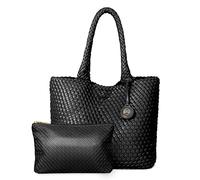 PS PETITE SIMONE Sac Cabas Tissé Sac à Main pour Femme Grande Capacité Tote Bag Femme Sac Tissé PU Cuir Sacs Portés Épaule avec Clutches 2Pcs Set 41 * 30 * 17CM Hazel