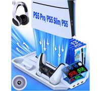 PS5 Pro/Slim/PS5 Station de refroidissement avec station de charge pour console numérique Playsation 5 disques, accessoires PS5 avec ventilateur de refroidissement à 3 niveaux, 13 emplacements de jeu