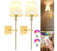 Psatfito G Applique Murale sans Fil Dimmable, 5000mAh Ampoule Rechargeable Amovible et Télécommande, 400 LM Lampe Murale sans Fil pour Salon Chambre Couloir, 2 Pack, Doré