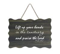 Psaume 134:2 Panneau en bois avec inscription « Lift Up Your Hands in The Sanctuary And Praise The Lord » - Décoration murale rustique à suspendre pour porte d'entrée, salon, cuisine - 15,2 x 25,4 cm