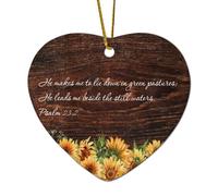 Psaume 23:2 He Makes Me to Lie Down in Green Pastures; He Leads Me Heart Décoration de Noël en céramique pour sapin de Noël, boule de Noël, cadeau souvenir de Noël