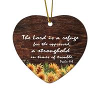 Psaume 9:9 The Lord Is A Refuge for The Oppressed A Stronghold in Times of Trouble Décoration en céramique en forme de cœur pour sapin de Noël, citations amusantes, décoration commémorative de Noël