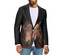 Psaytomey Blazer pour homme à un bouton à revers cranté Veste de costume décontractée pour affaires Manteaux de sport Coupe ajustée Blazer grande taille, Imprimé cheval jaune, Taille M