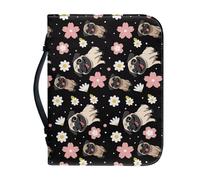 Psaytomey Étui biblique pour femme - Motif fleurs de cerisier et carlin - En cuir synthétique - Avec poignée et fermeture éclair - Pour études bibliques, activités en plein air, trajets quotidiens
