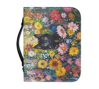 Psaytomey Housse de bible colorée pour femme - Motif fleur chat noir - En cuir synthétique - Avec poignée et fermeture éclair - Sac de transport portable pour études bibliques - Pour l'extérieur, les