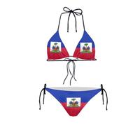 Psesaysky Ensemble bikini triangle sexy 2 pièces pour femme - Maillot de bain doux à nouer sur les côtés - Bikini dos nu, Drapeau Haïti, Taille M