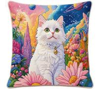 Pskgbxmu Ensemble De Broderie Coussin Au Point De Croix Kits De Points De Croix Estampillés Chaton parmi les fleurs DIY Main Brodé Housse sans Noyau d'oreiller 45x45 cm