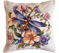 Pskgbxmu Ensemble De Broderie Coussin Au Point De Croix Kits De Points De Croix Estampillés DIY Main Brodé Housse sans Noyau d'oreiller Libellule fleur 45x45 cm