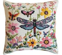 Pskgbxmu Ensemble De Broderie Coussin Au Point De Croix Kits De Points De Croix Estampillés DIY Main Brodé Housse sans Noyau d'oreiller Libellule 45x45 cm