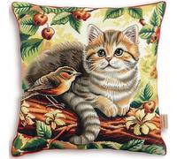 Pskgbxmu Ensemble De Broderie Coussin Au Point De Croix Kits De Points De Croix Estampillés DIY Main Brodé Housse sans Noyau d'oreiller Chaton Oiseau 45x45 cm