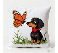Pskgbxmu Ensemble De Broderie Coussin Au Point De Croix Kits De Points De Croix Estampillés DIY Main Brodé Housse sans Noyau d'oreiller Papillon Chiot 45x45 cm