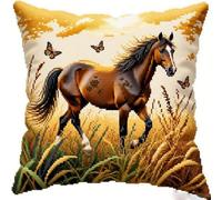 Pskgbxmu Kit Coussin Au Point De Croix 11Ct Le Ensemble De Broderie Sans Noyau D'Oreiller DIY Couture Broderie Kits Cheval dans la prairie 45 x 45 cm