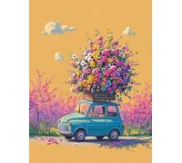 Pskgbxmu Kit estampillée au point de croix 11CT Canevas Broderie Voiture miniature et fleurs DIY Adultes Débutant Compté Point de Croix art Kits 40x50 cm