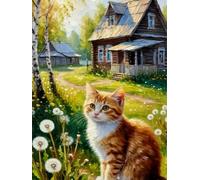 Pskgbxmu Kits de point de croix estampés Kit de démarrage de broderie au point de croix pré-imprimé 11CT pour adultes débutants Chaton du village 40x50 cm