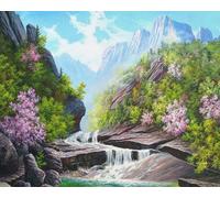 Pskgbxmu Kits de point de croix estampés Montagnes et eau qui coule Kit de démarrage de broderie au point de croix pré-imprimé 11CT pour adultes débutants -40x50 cm