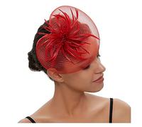 PSNKLMM Coiffe de mariée en plumes for bal fin d'année, épingle à cheveux fil filet, fleur, petit chapeau exquis, fascinateurs for femmes Pour Mariages, FêTes, FêTe D'Anniversaire(Red)
