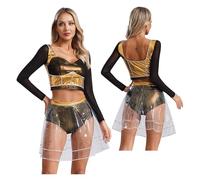 PSNKLMM Costume de musique, tenue danse théâtre musical for femmes, ensemble court à manches longues avec jupe(Gold,XL)