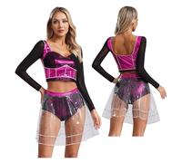 PSNKLMM Costume de musique, tenue danse théâtre musical for femmes, ensemble court à manches longues avec jupe(Pink,XL)