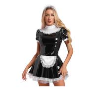 PSNKLMM Robe de demoiselle d'honneur en cuir verni brillant for femme, tablier dentelle à volants, manches bouffantes, robe trapèze(Black,S)