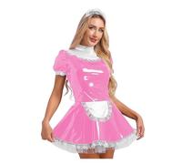 PSNKLMM Robe de demoiselle d'honneur en cuir verni brillant for femme, tablier dentelle à volants, manches bouffantes, robe trapèze(Pink,S)