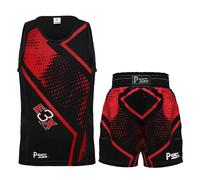 PSS Ensemble Boxe E3X Sublimation Enfants 3 à 14 Ans 2 Pièces Short + Débardeur Tenue Boxe Kick Boxing Muay Thai Boxe Anglaise Française 2 Modèles Noir Rouge Doré